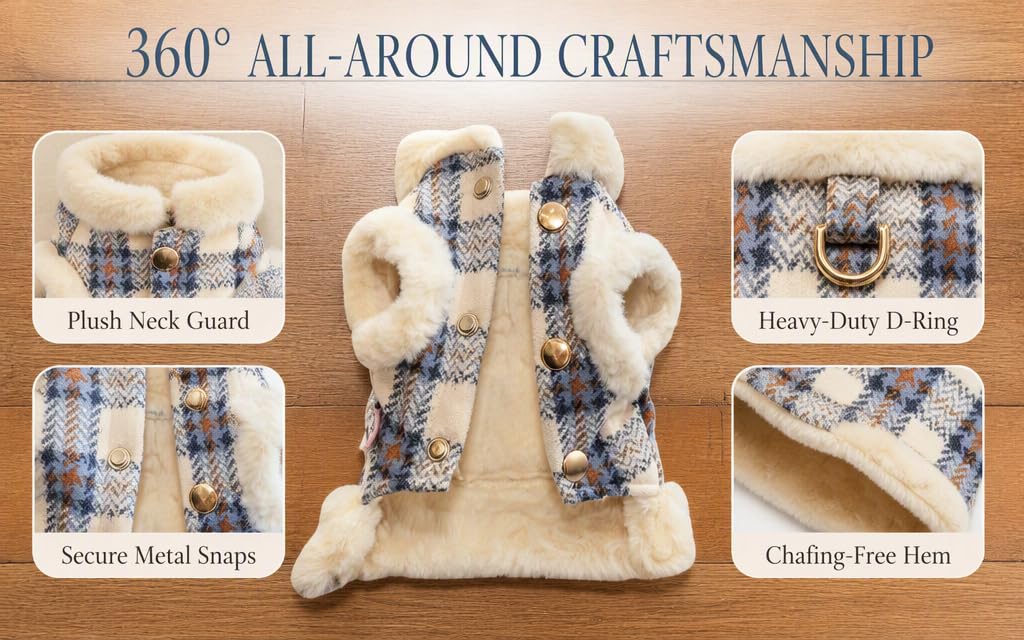 Text reads "360° ALL-AROUND CRAFTSMANSHIP." Beige checkered slipper shown from multiple angles highlighting: soft thick fleece lining, secure metal snaps, plush lining detail, and cozy faux-fur exterior construction.