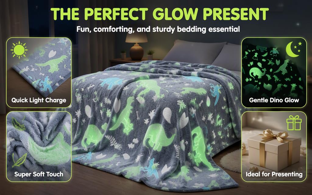 Text reads 'THE PERFECT GLOW PRESENT', 'Fun, comforting, and sturdy bedding essential', 'Quick Light Charge', 'Gentle Goo Glow', 'Super Soft Touch', 'Ideal for Presenting'. Glow-in-the-dark dinosaur-patterned bedding displayed with charging feature highlighted.