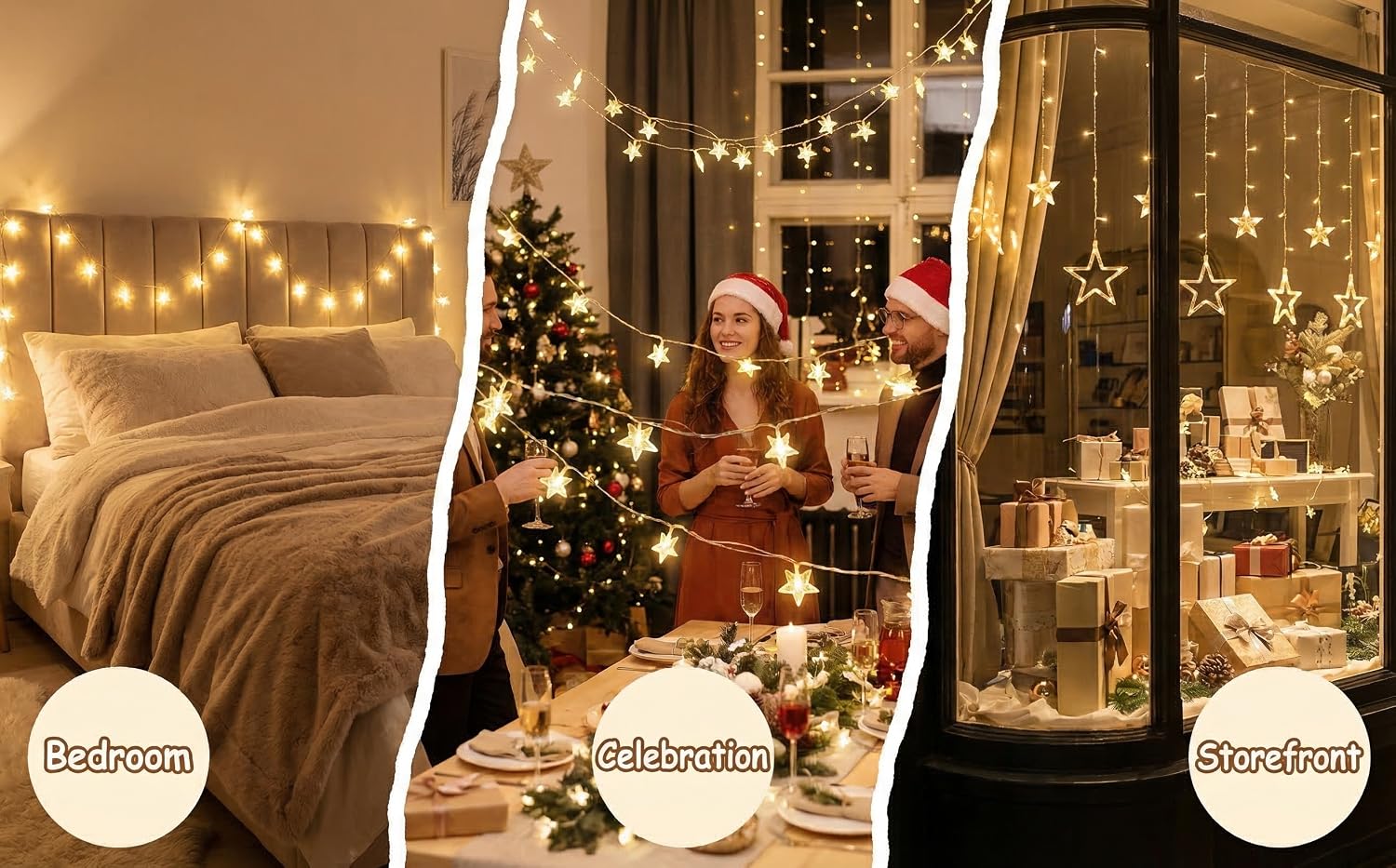 Series of warm-toned images showing cozy interior spaces decorated with string lights and holiday decorations creating ambient lighting.