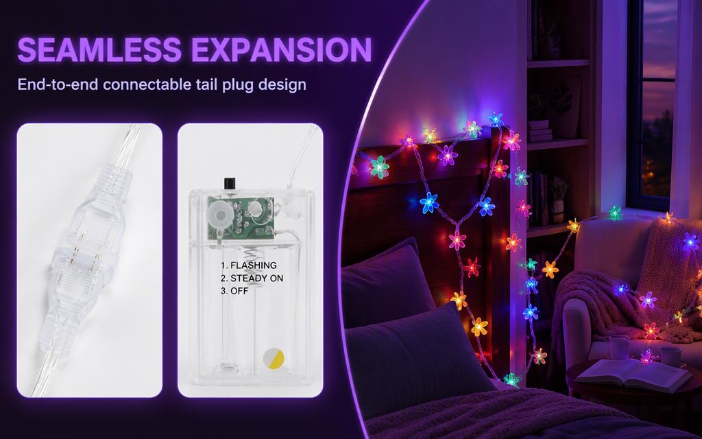 Text reads 'SEAMLESS EXPANSION' and 'End-to-end connectable tail plug design'. Two smartphone mockups displayed with colorful LED string lights on purple background showing product expandability features.