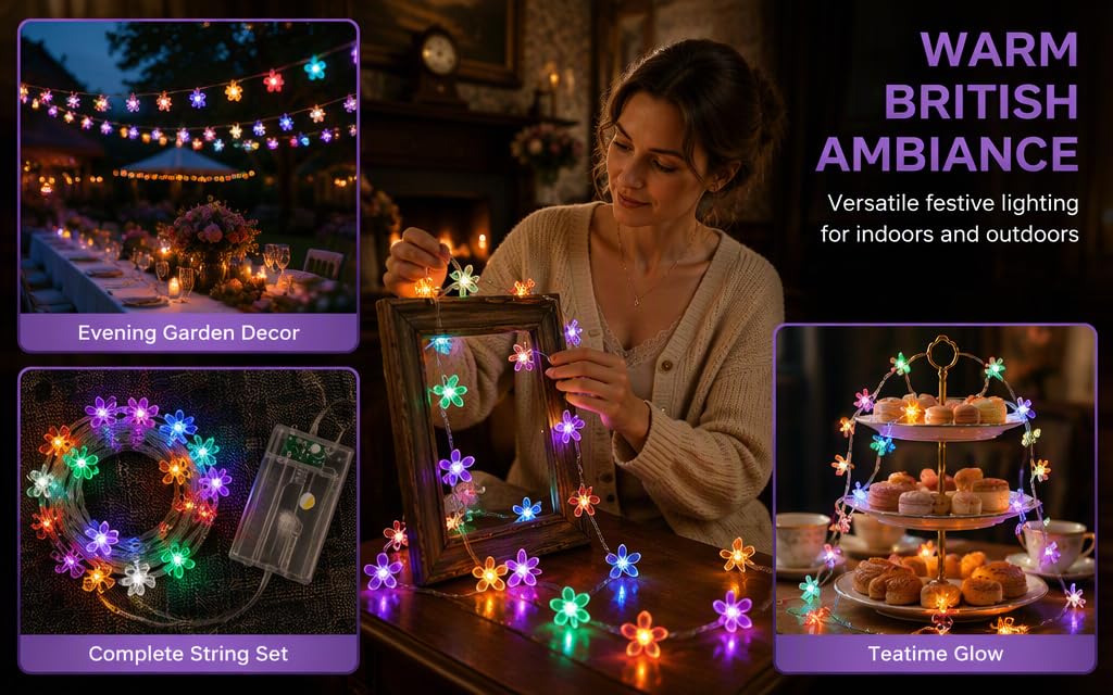 Text reads 'WARM BRITISH AMBIANCE' with tagline 'Verlichte feestdagen met warm wit licht voor gezelligheid'. Colorful LED string lights in warm white displayed on gift boxes with festive holiday decorations and ambiance setting.