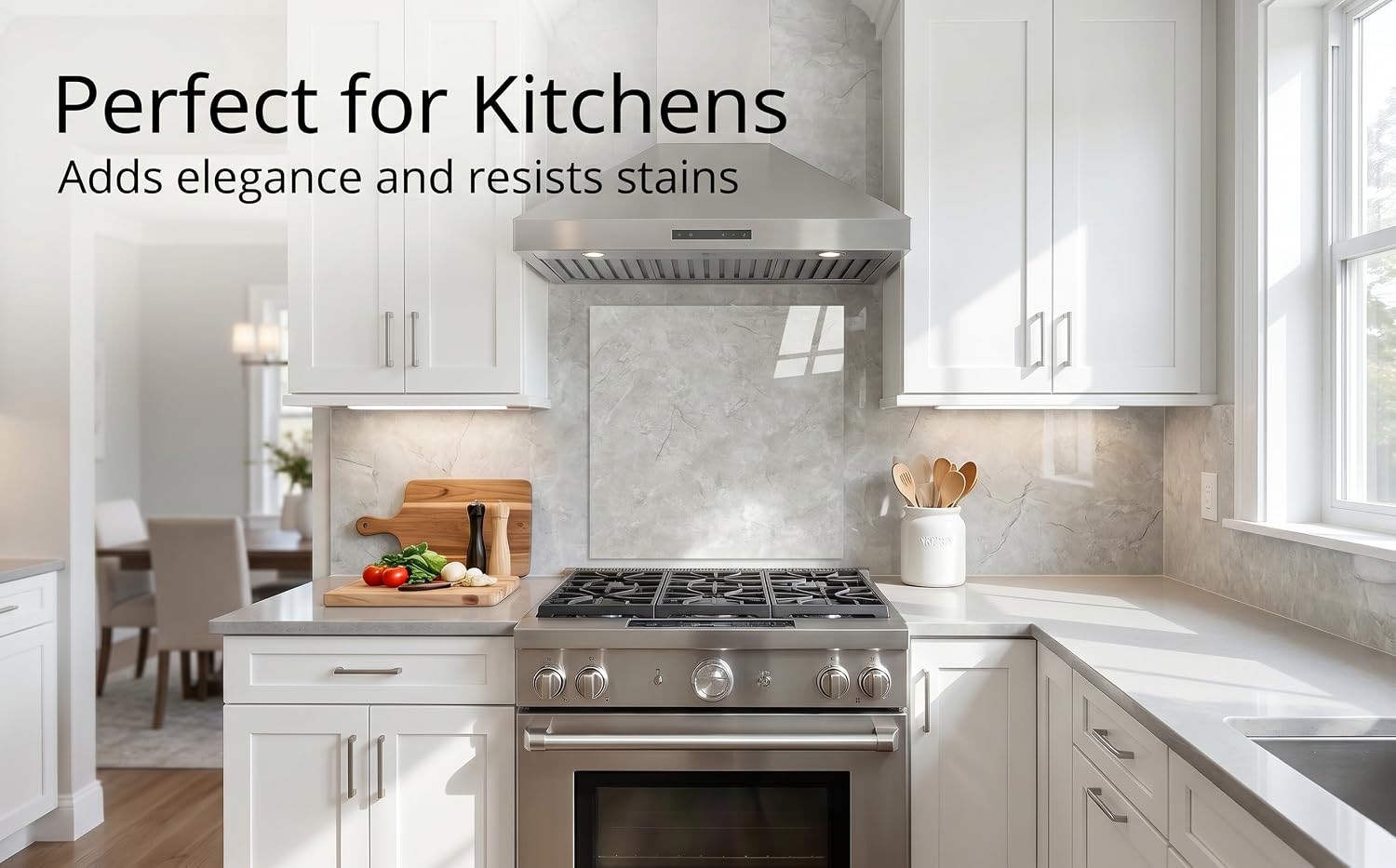 Text reads 'Perfect for Kitchens' and 'Adds elegance and resists stains'. Modern kitchen with white cabinetry, stainless steel gas range, marble backsplash, and window lighting.