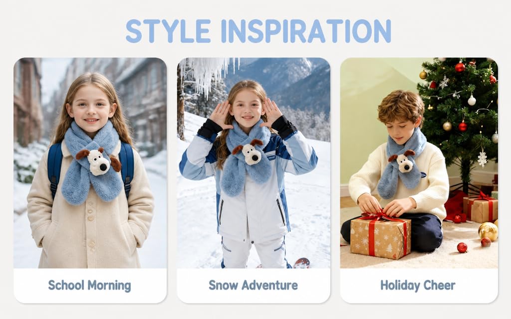 Text reads: 'STYLE INSPIRATION', 'School Morning', 'Snow Adventure', 'Holiday Cheer'. Three lifestyle photos of young child wearing blue and white winter accessories in different seasonal settings.