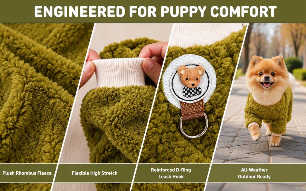 Text reads 'ENGINEERED FOR PUPPY COMFORT' with four labeled sections showing: 'Plush Sherpa Fleece,' 'Flexible High Stretch,' 'Reinforced D-Ring,' and 'Air Ventilator.' Pet clothing product displayed on dog.