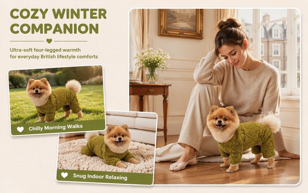 Text reads 'COZY WINTER COMPANION'. Marketing composite featuring woman with pomeranian dog indoors, product packaging showing 'Cozy Morning Walks' and 'Cozy Indoor Relaxing' scenes with dog.