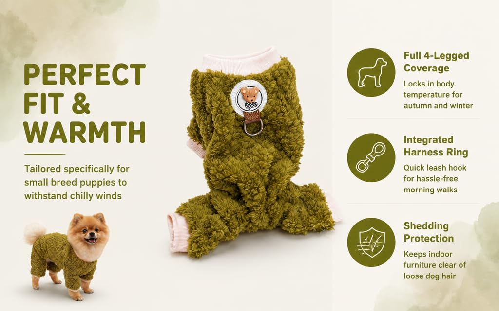 Text reads "PERFECT FIT &amp; WARMTH," "Full 4-Legged Design," "Integrated Harness Ring," "Shedding Protection." Moss-green knitted pet sweater with integrated harness loop displayed on small dog figurine.