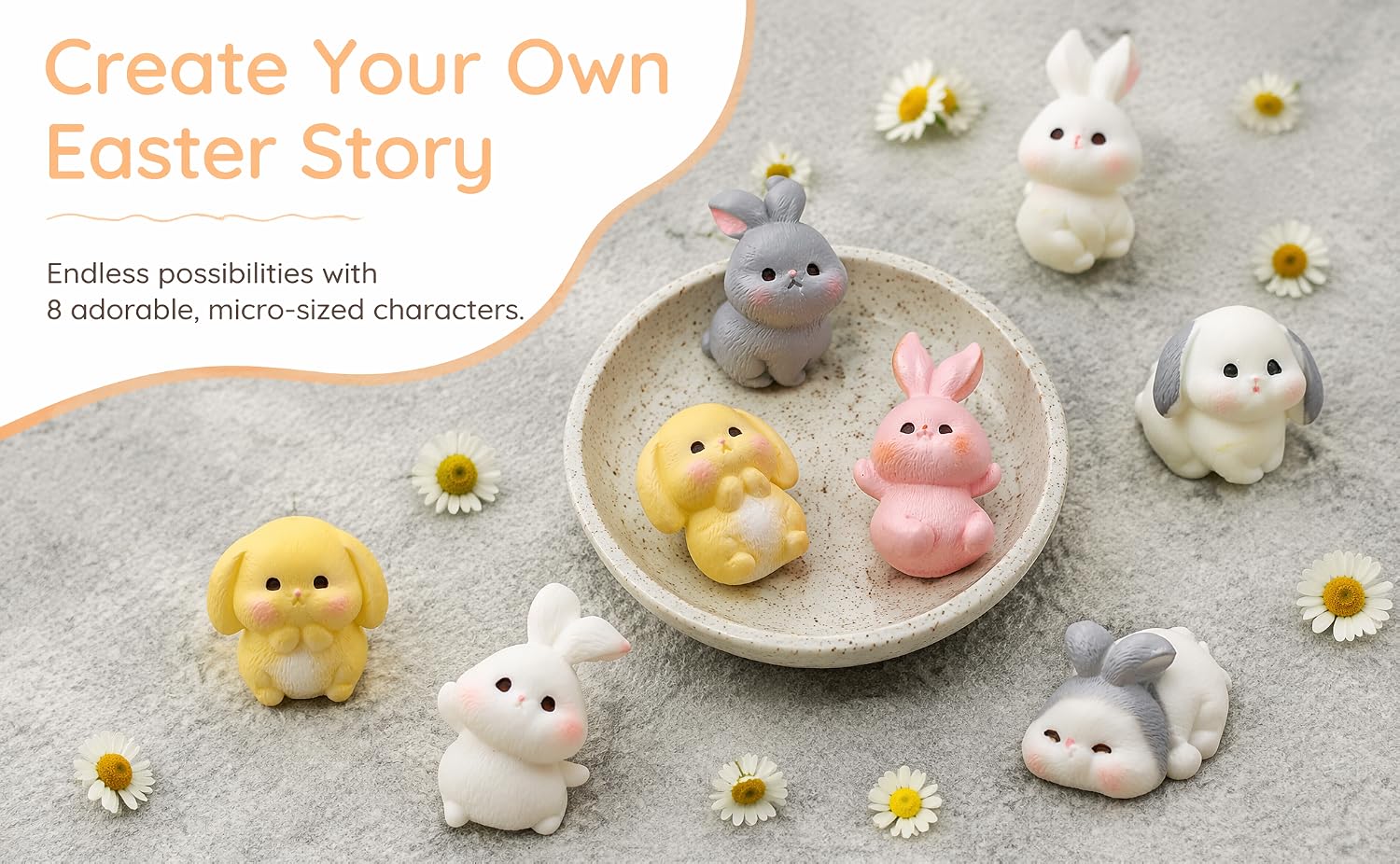 Text reads 'Create Your Own Easter Story' with subtitle text below. Overhead view of gray bowl containing decorated egg-shaped objects in various colors and patterns with craft supplies scattered around.