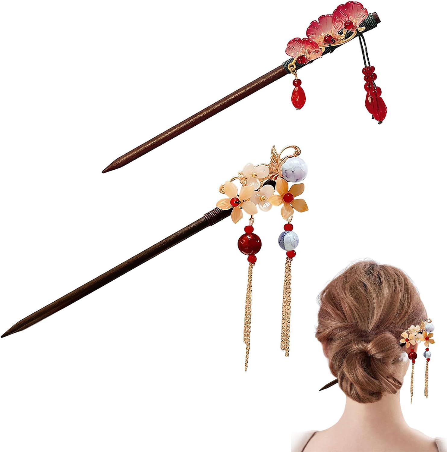 2 Pieces Chinese Hair Sticks,Red Wooden Chinese New Year Hairpins,Wood Hair Sticks With Ta…