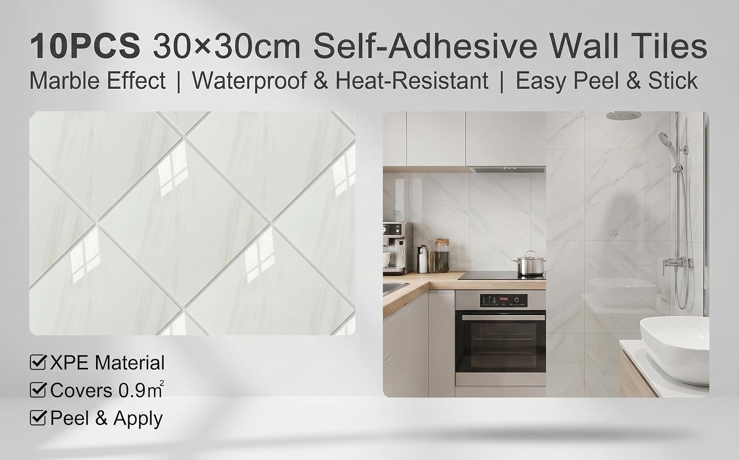 Text reads "10PCS 30×30cm Self-Adhesive Wall Tiles Marble Effect | Waterproof &amp; Heat-Resistant | Easy Peel &amp; Stick" "PXYPE Material" "of Covers 0.9㎡" "G] Peel &amp; Apply." Package of 10 white marble-effect self-adhesive wall tiles displayed with kitchen and bathroom installation examples.