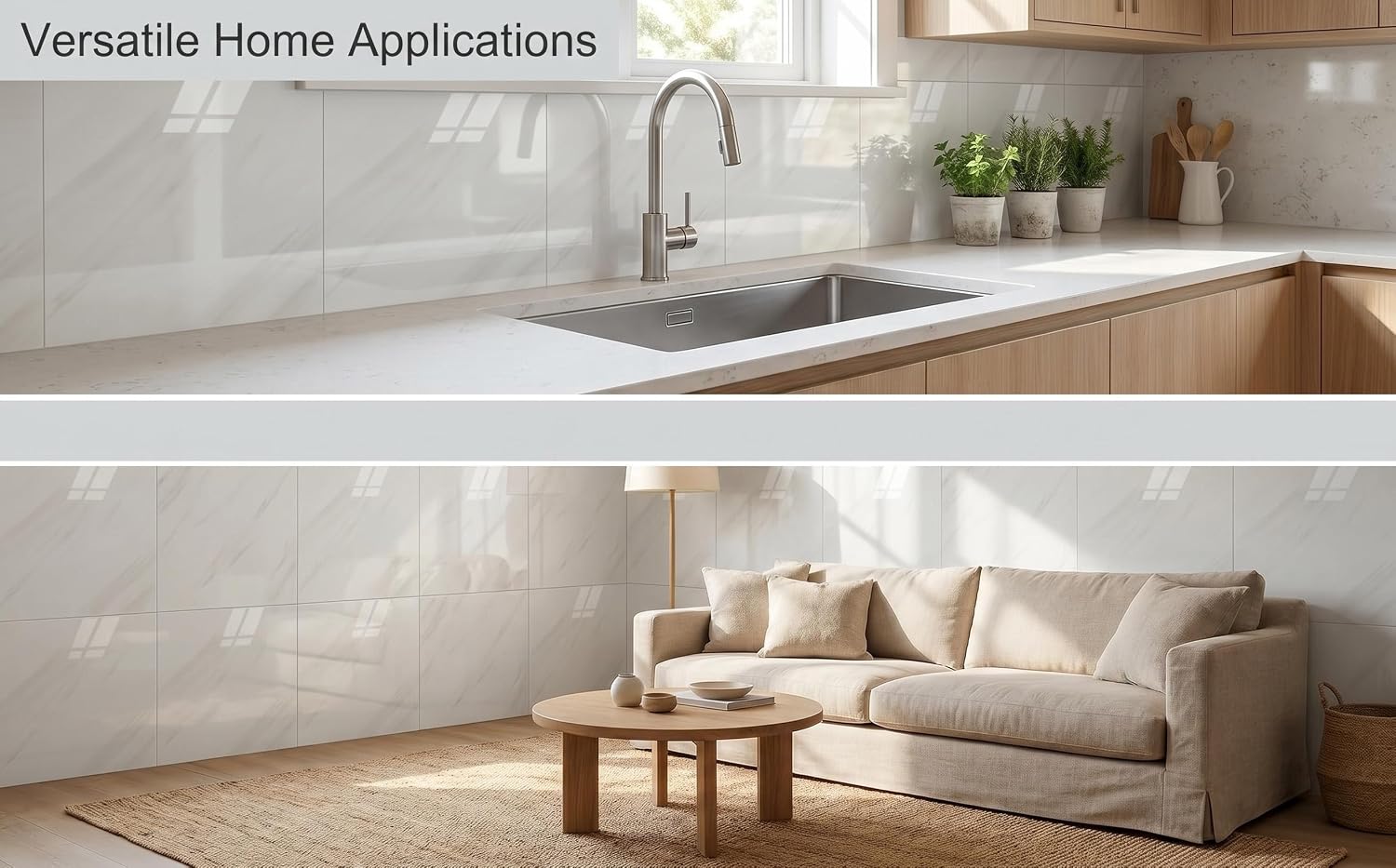 Text reads "Versatile Home Applications." Two interior room scenes displayed: modern kitchen with countertop and sink, and contemporary living room with beige sofa and woven table.