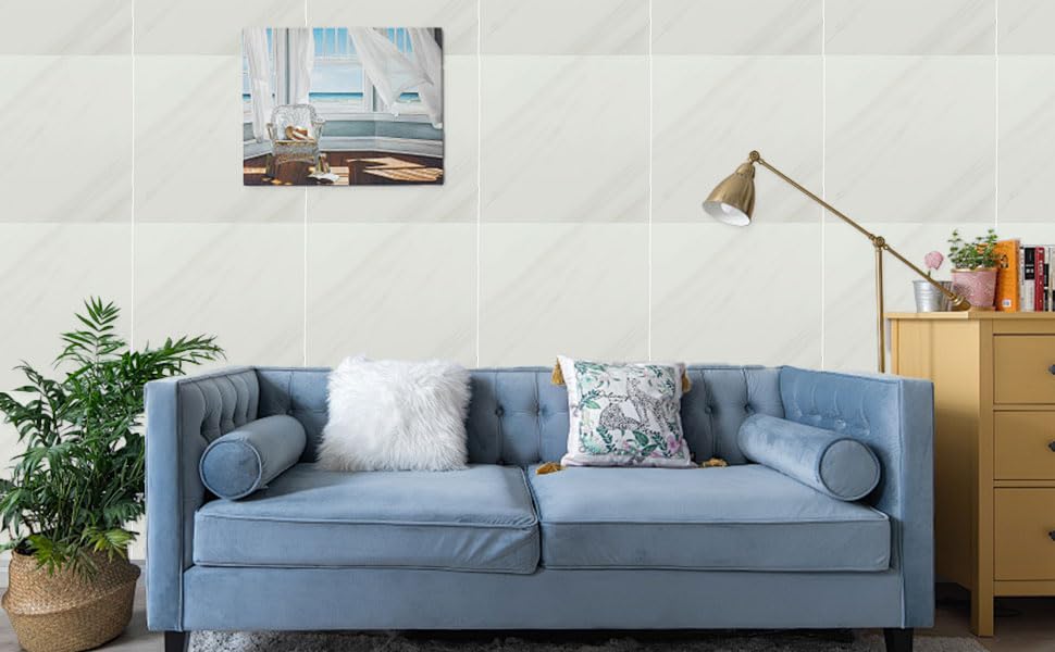 Series of lifestyle photos showing a light blue modern sofa in various room settings, demonstrating its appearance in different interior environments.