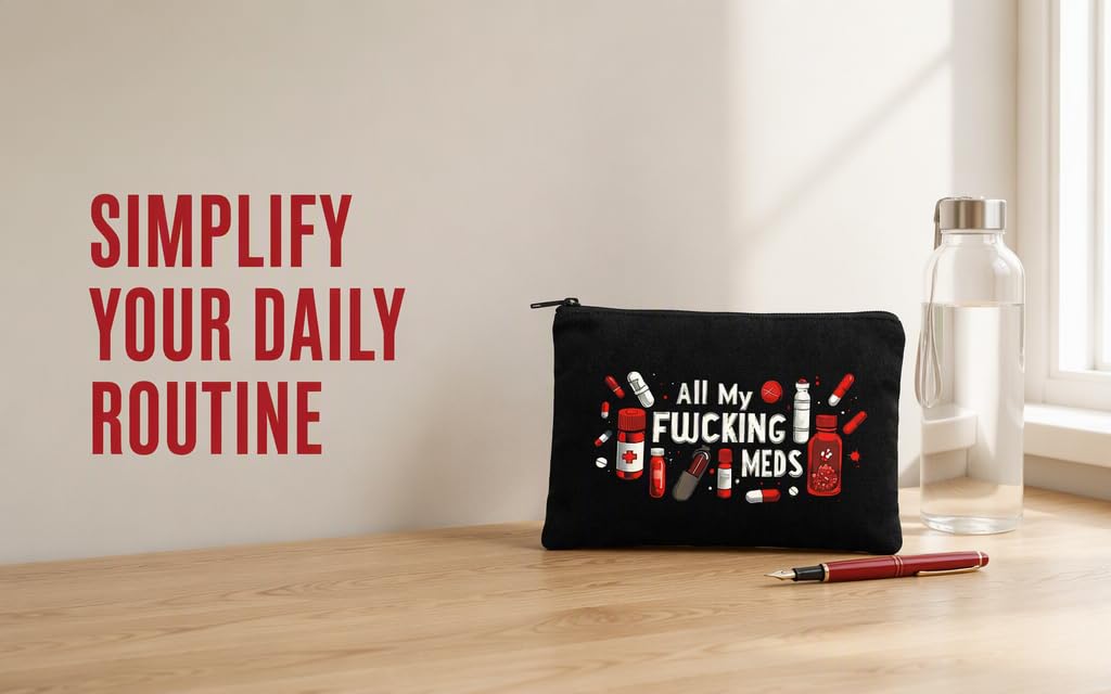 Text reads: 'SIMPLIFY YOUR DAILY ROUTINE' in red letters, and 'FUCK FUCKING' on black cosmetic pouch. Organizational lifestyle image featuring black makeup bag with toiletries on white interior shelf.