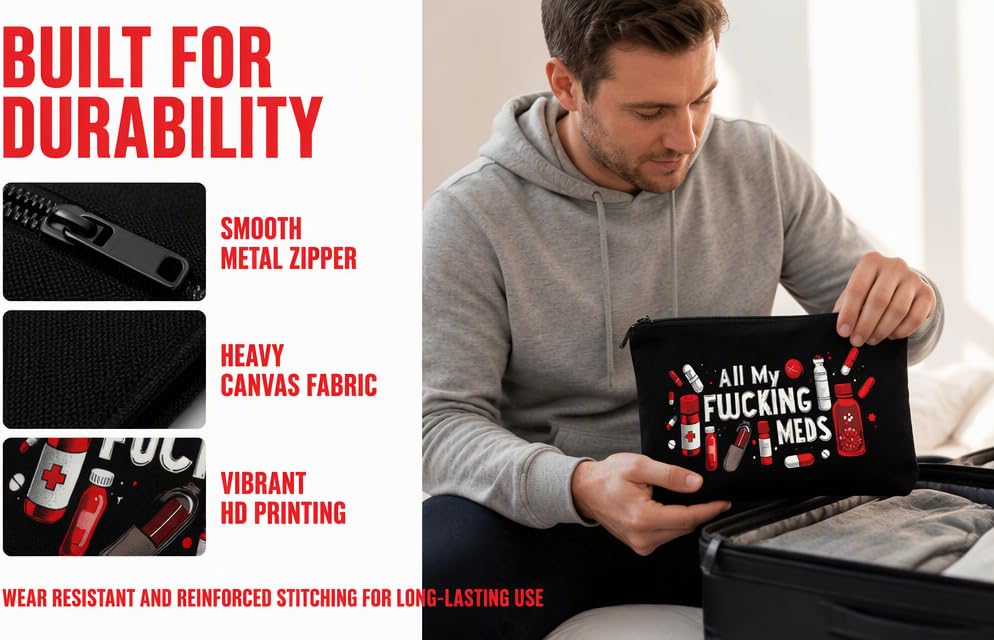 Text reads 'BUILT FOR DURABILITY', 'SMOOTH STEEL FRAME', 'HEAVY-DUTY FABRIC FRAME', 'VIBRANT HD PRINTING', 'WEAR-RESISTANT SURFACE STRONG FRAME GRIP'. Man holding black laptop case with red graphic design demonstrating product durability and protective features.