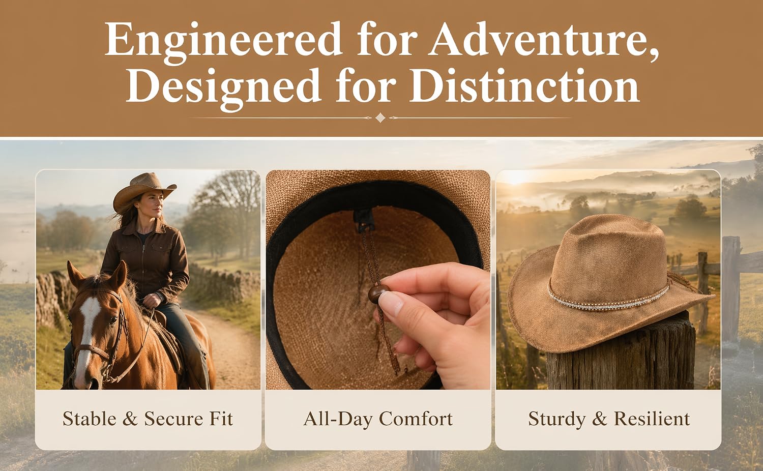 Text reads 'Engineered for Adventure. Designed for Distinction' with labels 'Noble &amp; Secure Fit', 'All-Day Comfort', 'Sturdy &amp; Resilient'. Tan/beige hat shown in lifestyle photos demonstrating durability and fit features.