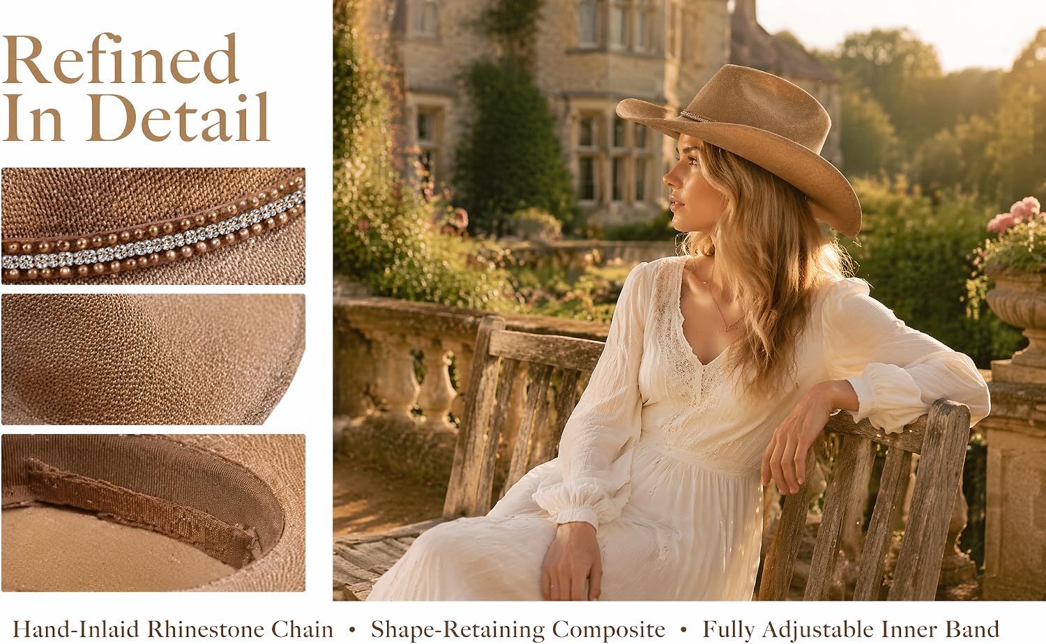 Text reads 'Refined In Detail' with product specifications: 'Hand-tufted Moroccan + Jute • Vegan-finishing • Cashmere + Fully Adjustable Inner Band'. Woman wearing tan woven hat and cream knit sweater; detail panels show woven texture and inner band construction.