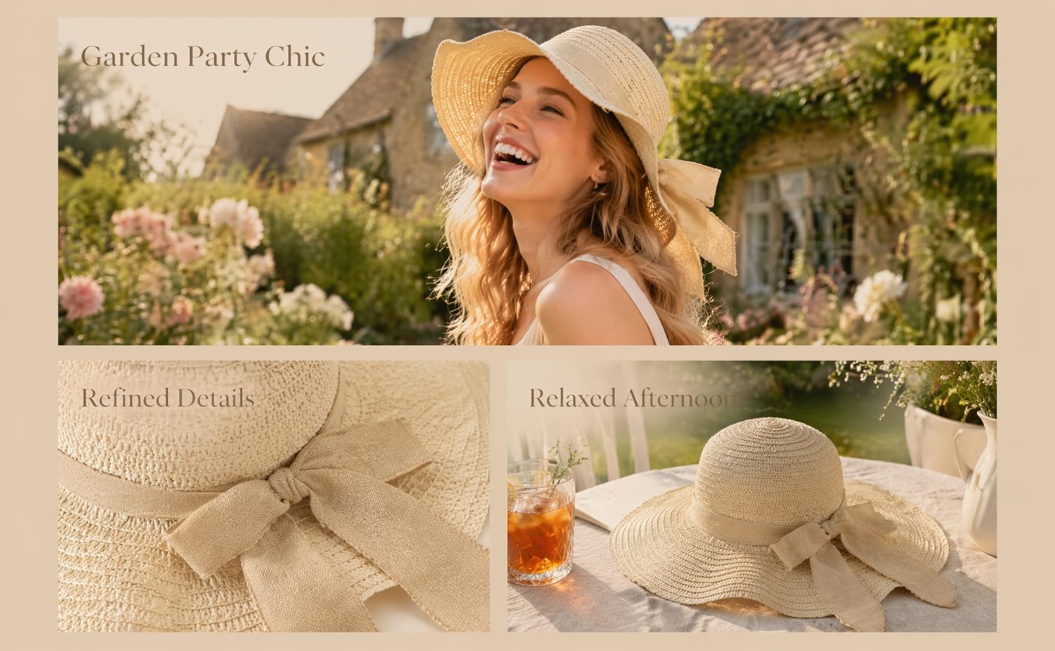 Text reads 'Jordan Party Chic Refined Decade (?) Refined Allure (?)'. Split image showing woman in hat smiling outdoors and two beige/cream colored wide-brimmed sun hats with decorative bands.