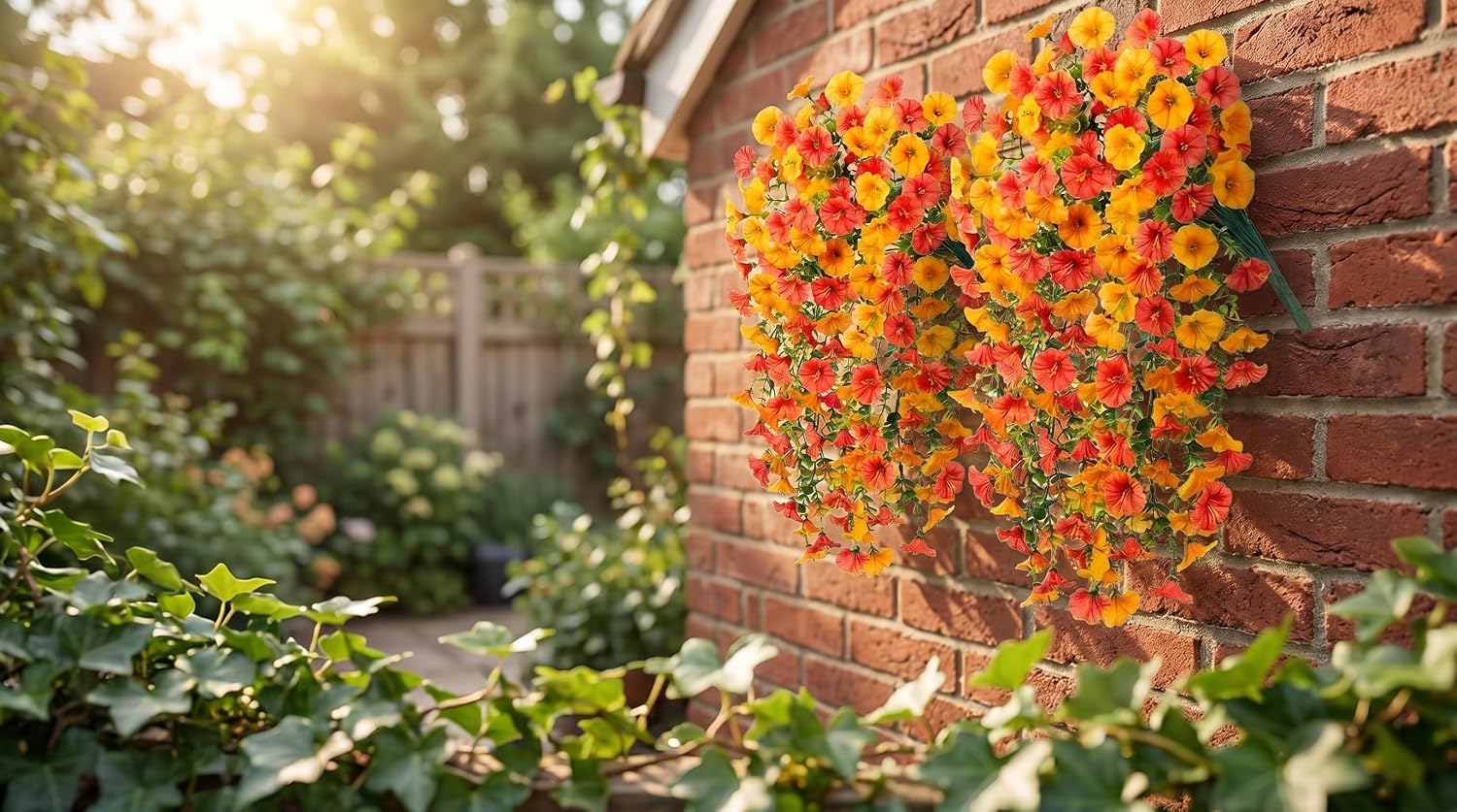 Bright orange flowering vine or climbing plant with small flowers densely covering brick wall surface in garden setting with green foliage visible.