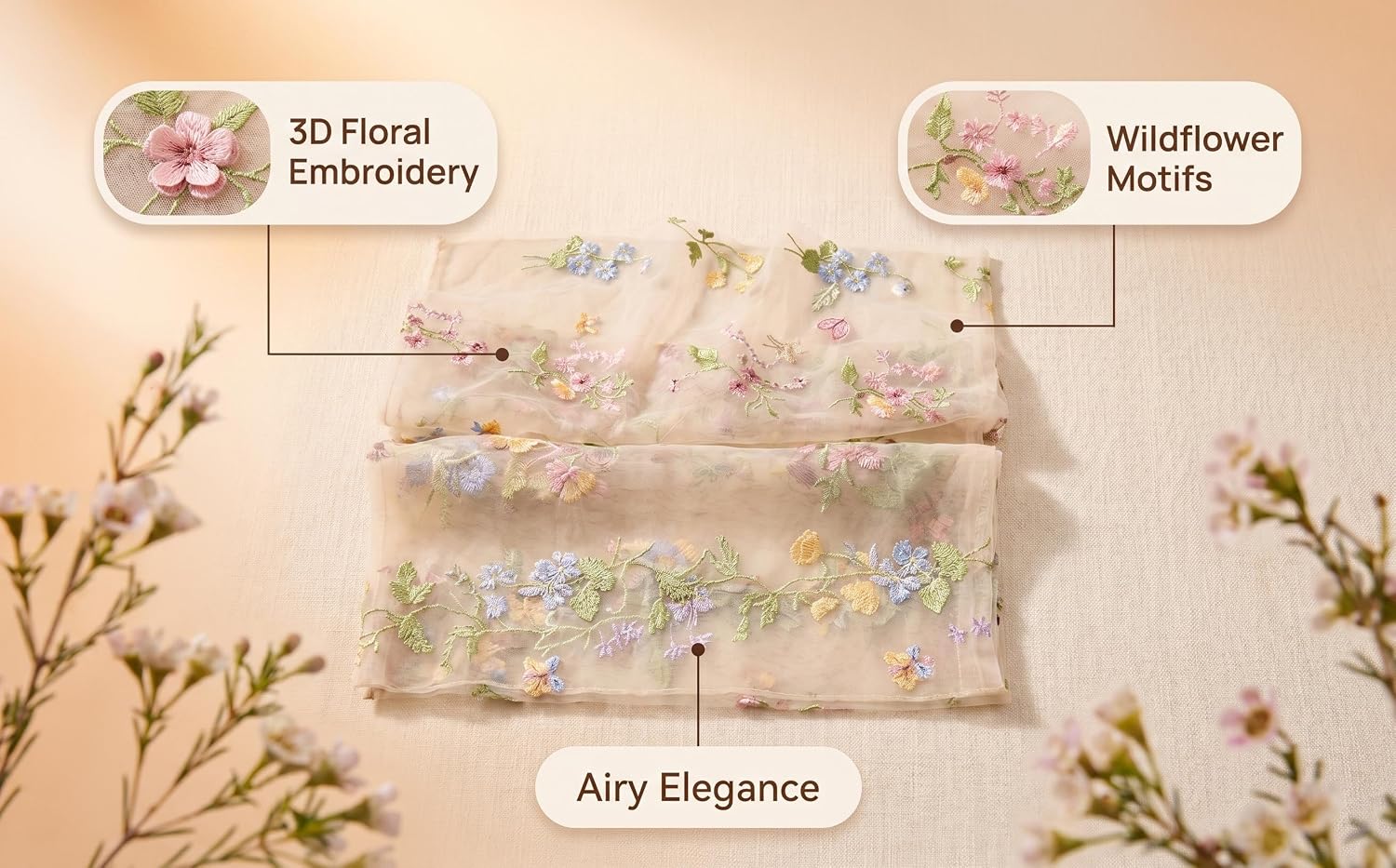 Text reads "3D Floral Embroidery", "Wildflower Motifs", "Any Elegance". Beige cosmetic pouch with delicate floral embroidery designs and wildflower decorative elements displayed with dried botanical accents.