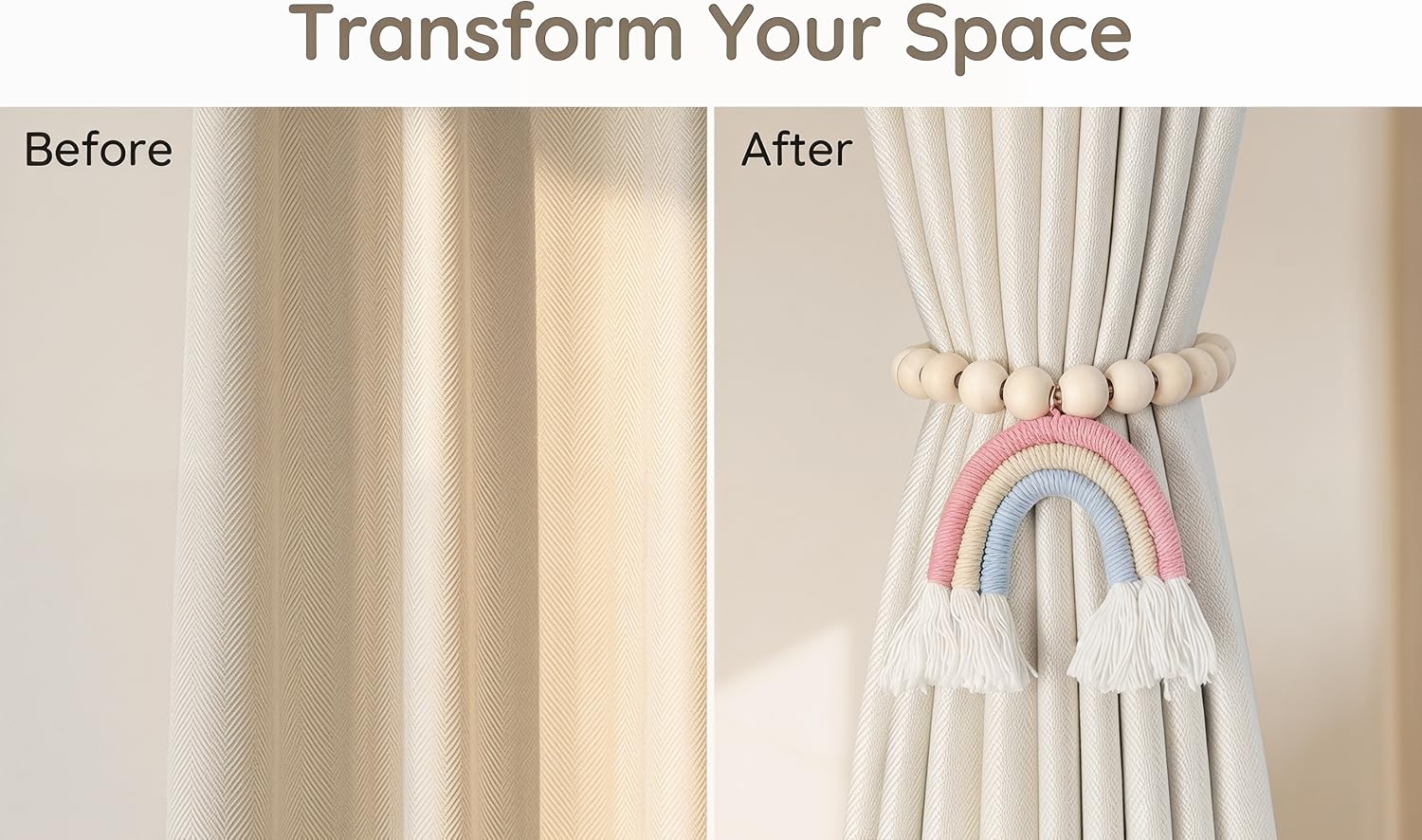 Text reads "Transform Your Space" with "Before" and "After" comparison. Before shows plain beige curtain; After shows curtain tied with decorative white macramé plant hanger featuring pink rainbow accent.