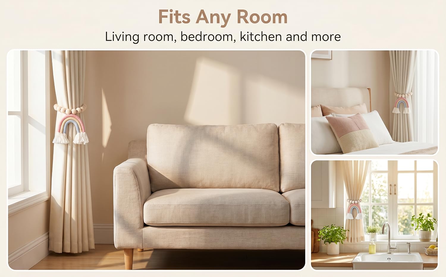 Text reads "Fits Any Room" and "Living room, bedroom, kitchen and more". Beige upholstered armchair with rolled arms and cushioned seat displayed in bright room with curtains, alongside bedroom and kitchen interior photos.