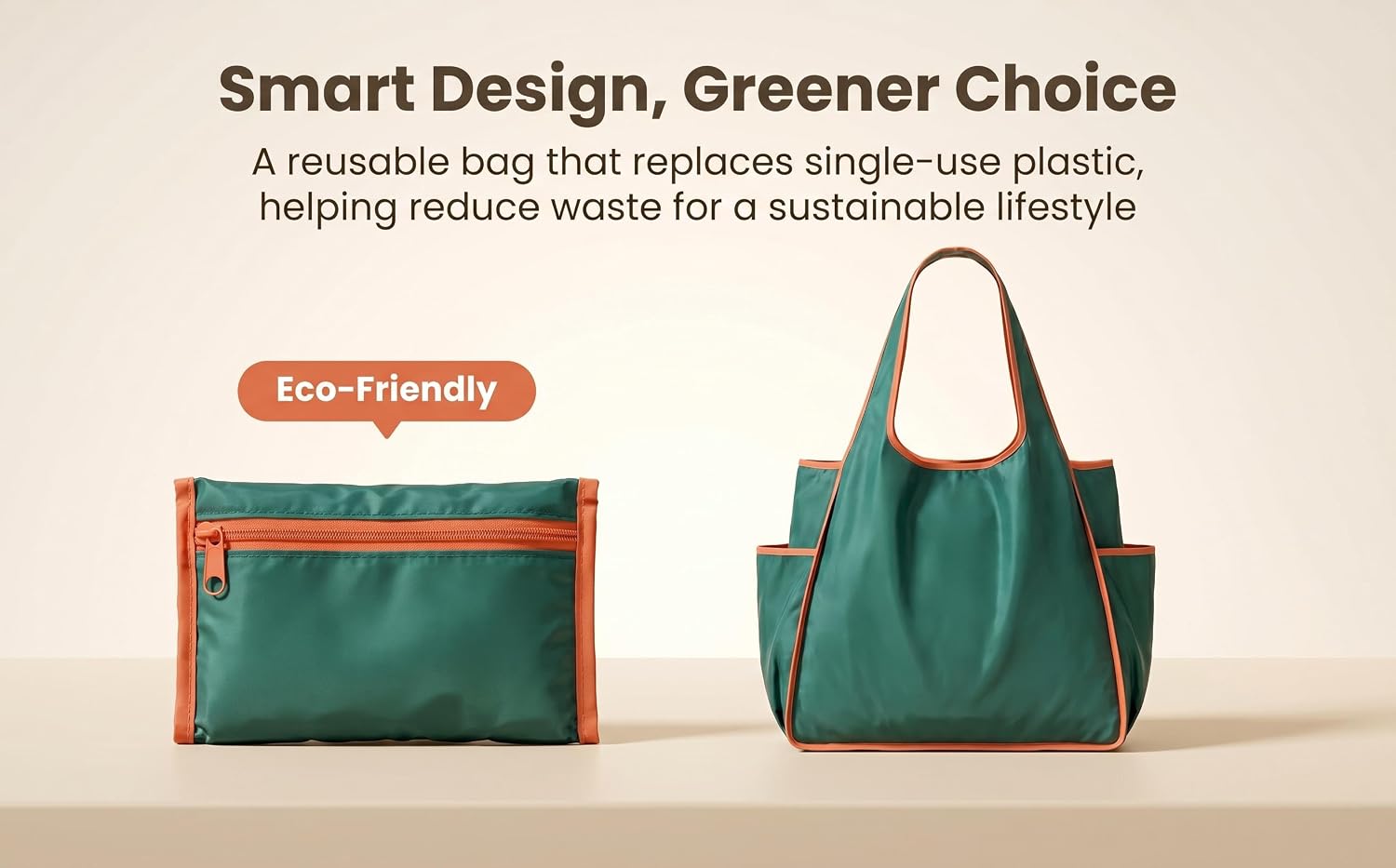 Text reads 'Smart Design, Greener Choice' and 'Eco-Friendly.' Two teal/green reusable fabric shopping bags with orange and white accent pockets displayed side-by-side as sustainable alternative to single-use plastic.