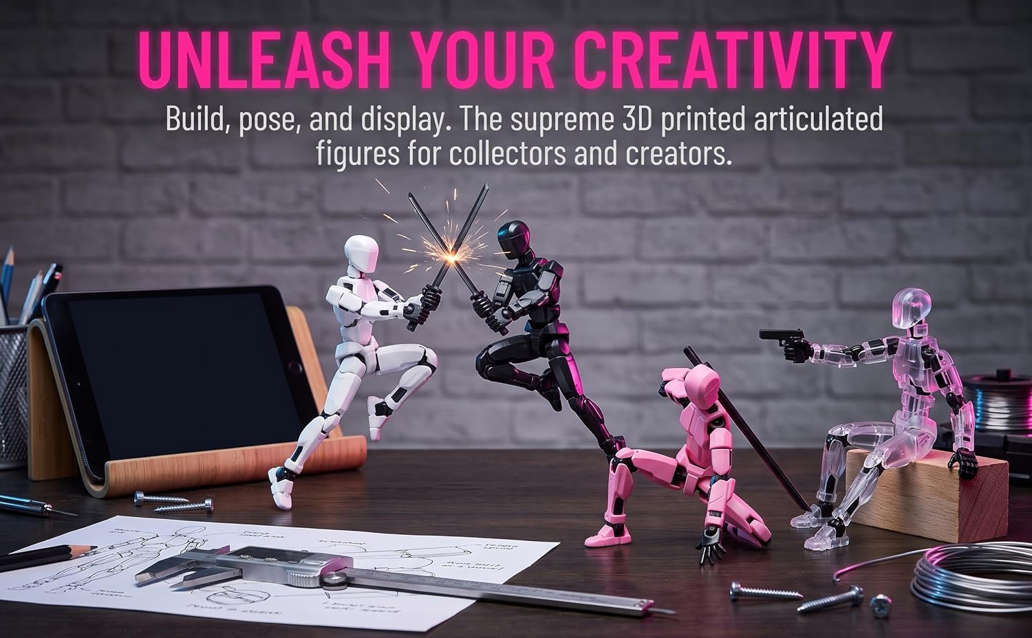 Text reads 'UNLEASH YOUR CREATIVITY. Build, pose, and display. The opening 3D posable articulated figure for collectors and creators.' Action figures with pink accents displayed on dark surface with photography/display setup.