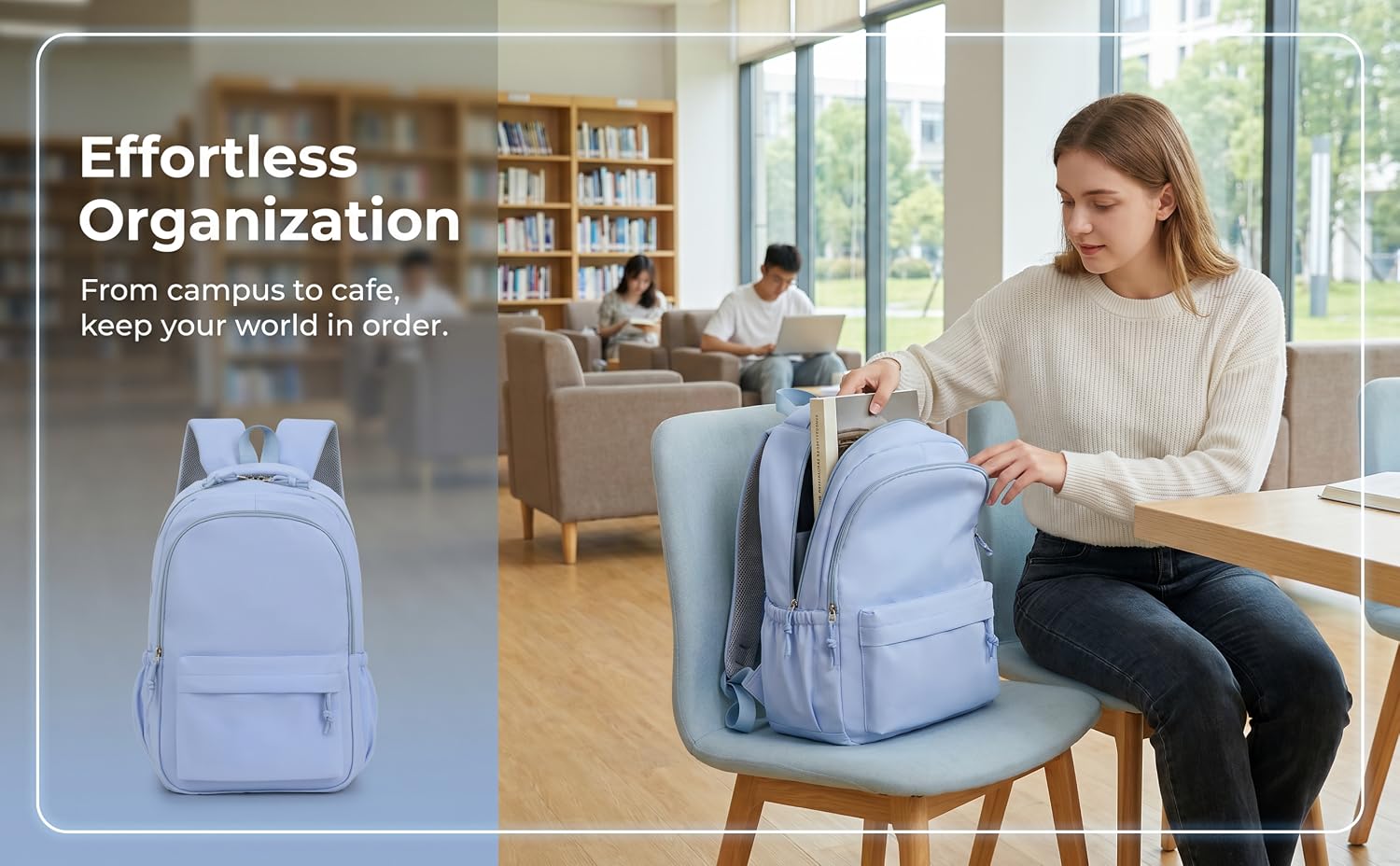 Text reads 'Effortless Organization' and 'With comfortable air mesh back support.' Light blue backpack shown alongside woman demonstrating storage organization on wooden shelf in bright room with bookshelves.