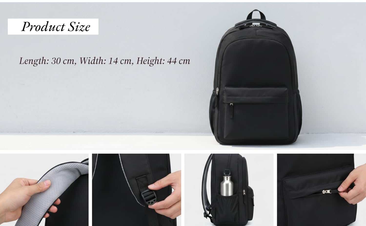 Text reads "Product Size" and "Length: 30 cm, Width: 14 cm, Height: 44 cm". Black backpack with multiple compartments and attachment loops, shown from front and side detail views.