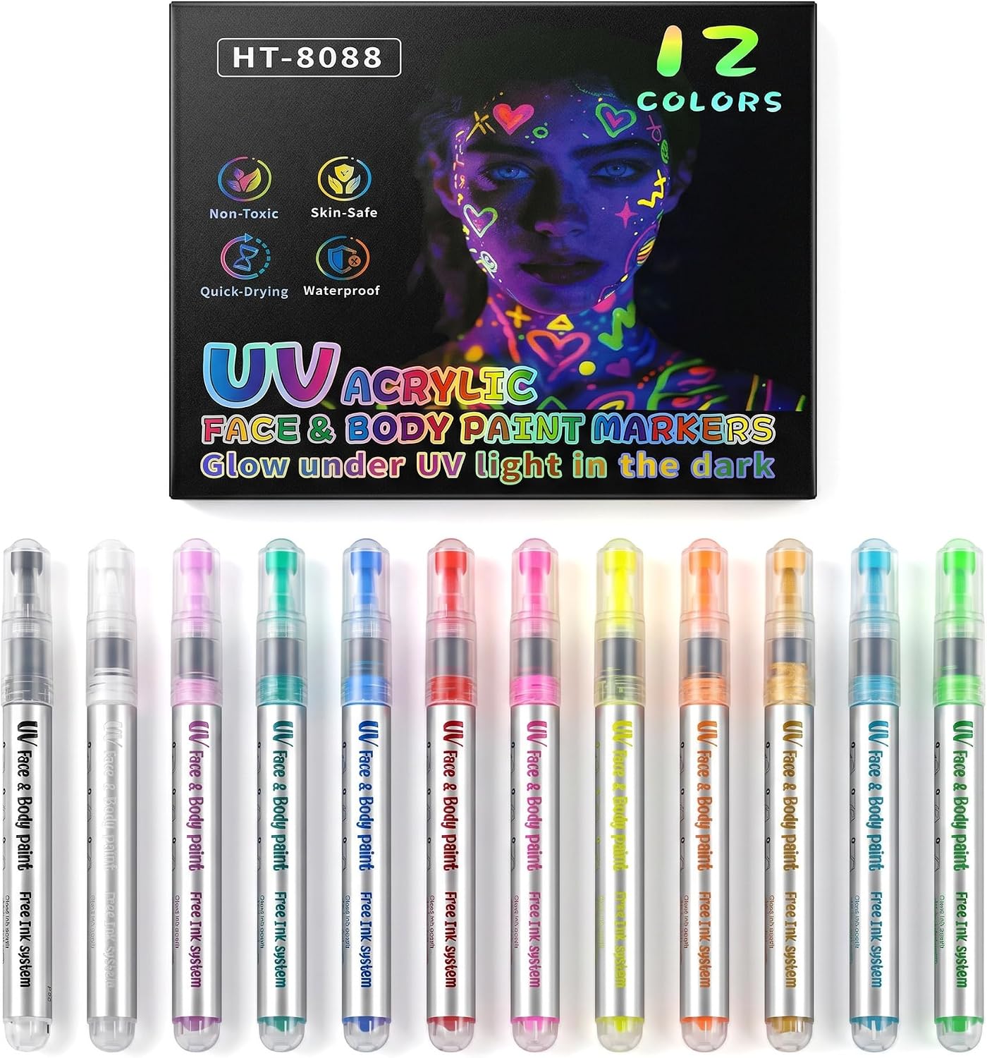 UV Neon Makeup Pens, 12 Piece Kit for Face and Body Art