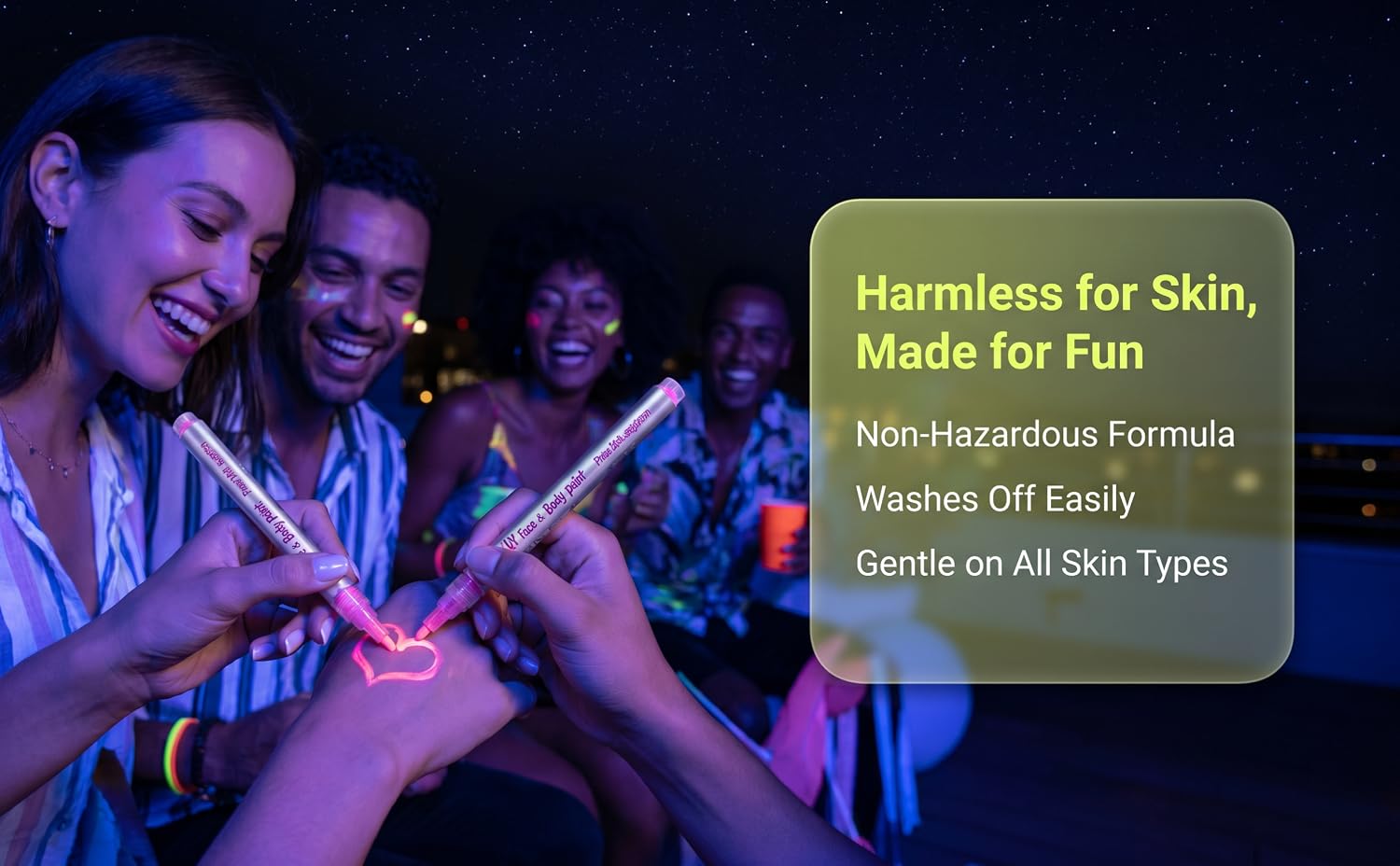 Text reads: 'Harmless for Skin,' 'Made for Fun,' 'Nitro-hazardous Formula,' 'Washes Off Easily,' 'Grooms on All Skin Types.' Group of people with vibrant blue and purple body paint or cosmetic products applied to skin, displayed in dark indoor setting.
