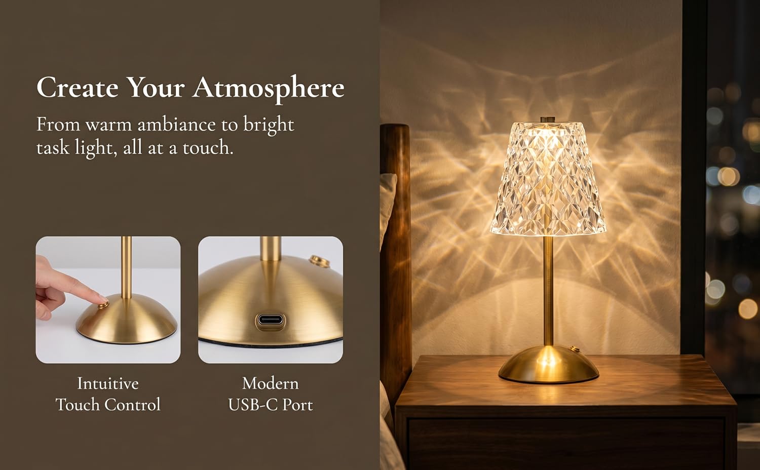 Text reads 'Create Your Atmosphere, Perfect for any room, task light, all a touch.' Features touch control and USB-C port options with glowing decorative gold lamp displayed.