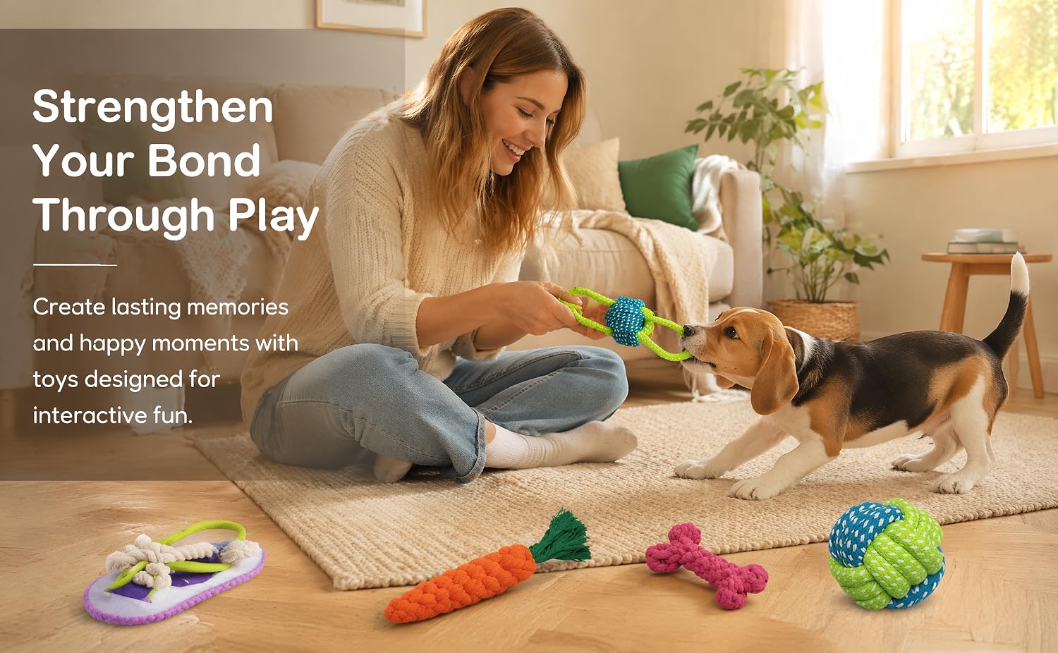 Text reads "Strengthen Your Bond Through Play". Woman playing with toddler indoors using colorful interactive toys scattered on floor, demonstrating parent-child engagement and developmental play.