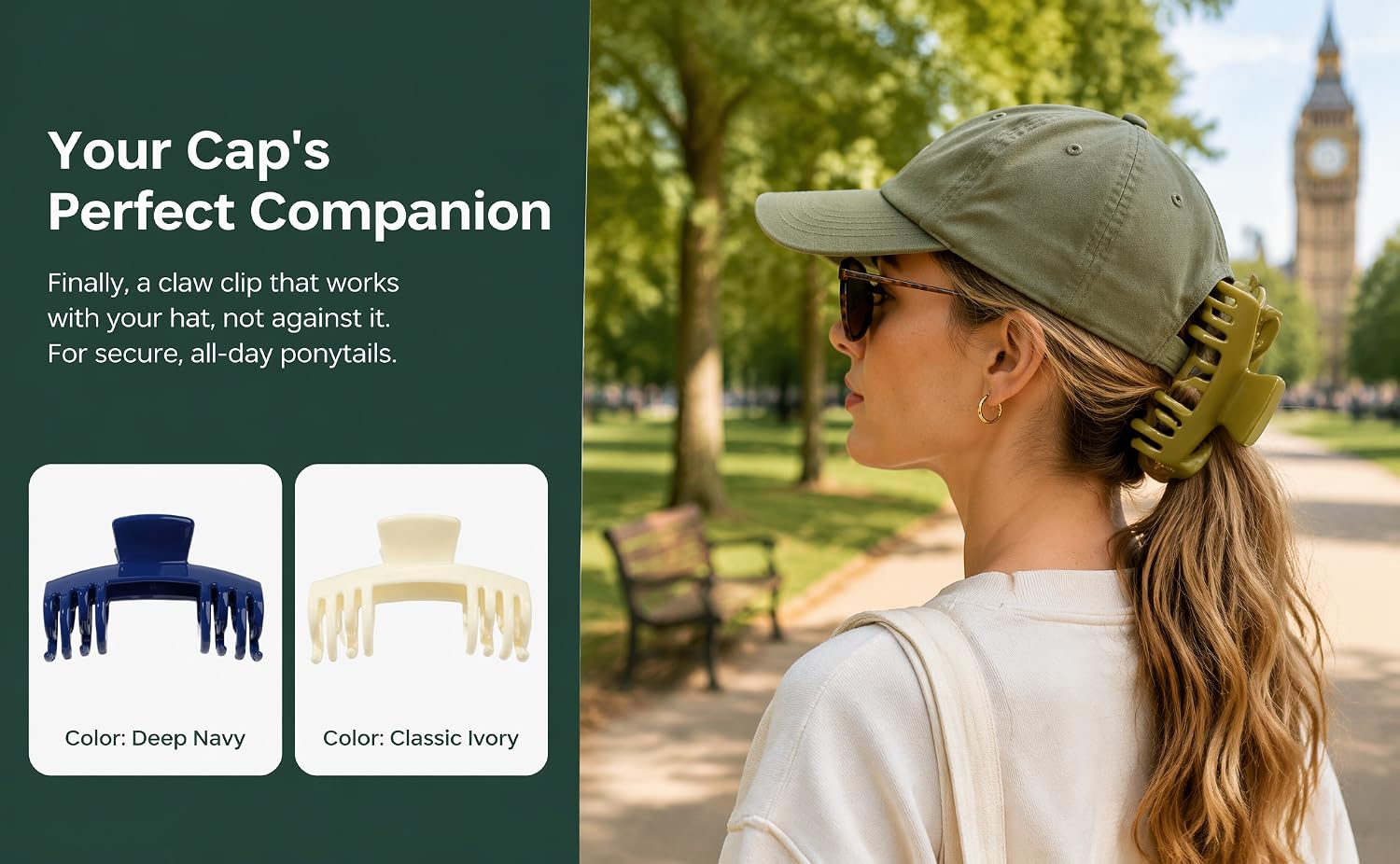 Text reads 'Your Cap's Perfect Companion' with tagline about cap maintenance. Shows person wearing green baseball cap outdoors, with two cap color options displayed below.