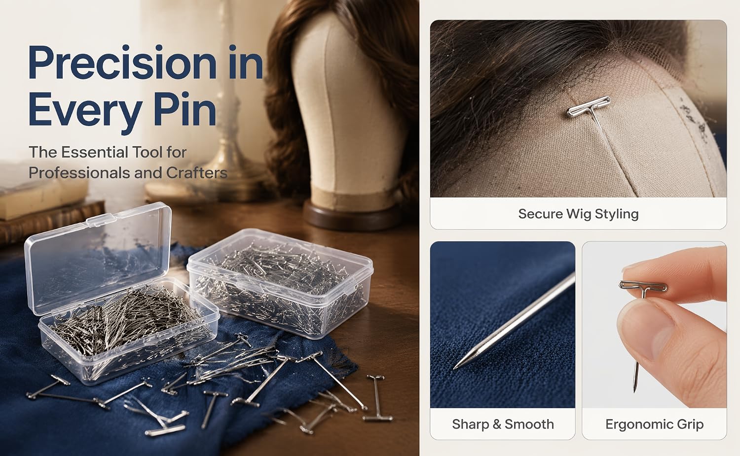 Text reads "Precision in Every Pin", "The Essential Tool For", "Micro-Knitted", "Hard &amp; Smooth", and "Ergonomic Grip". Precision sewing pins in clear storage containers with product specifications shown.