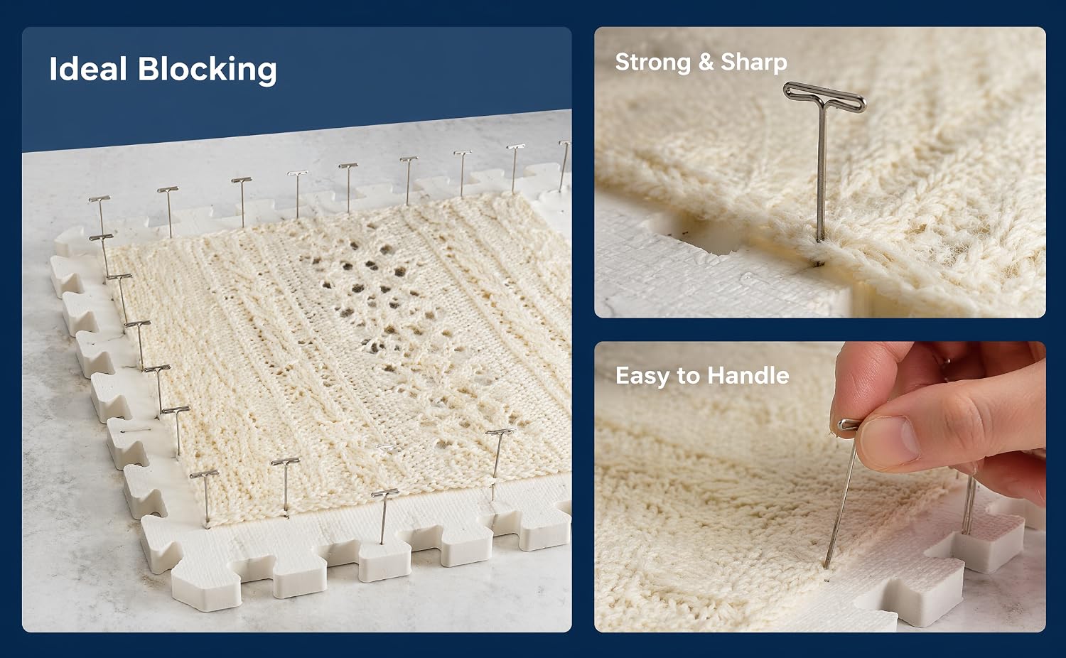Text reads 'Ideal Blocking', 'Strong &amp; Sharp', and 'Easy to Handle'. Three-panel image showing beige acoustic foam panels, detailed corner joints, and hands installing foam blocks.