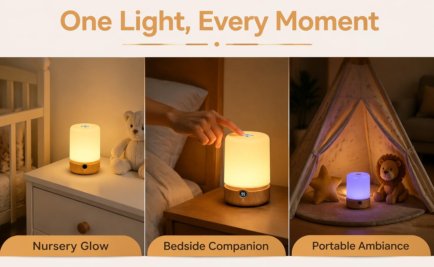 Text reads 'One Light, Every Moment' with three labeled product photos: 'Nursery Glow', 'Bedside Companion', 'Portable Ambiance'. Warm-toned portable lighting fixtures in home settings.
