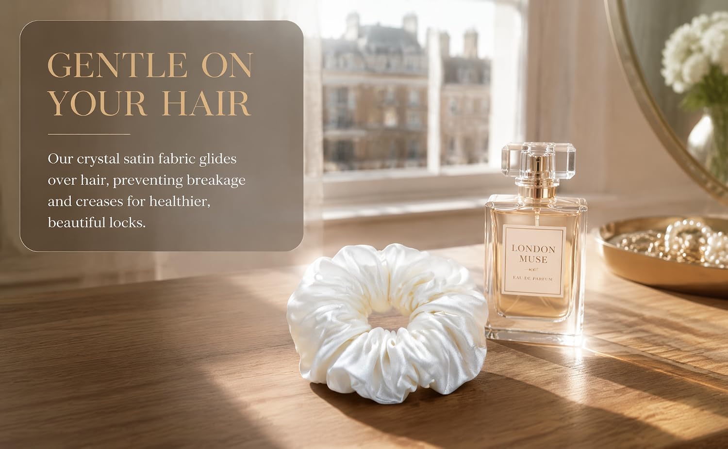 Text reads 'GENTLE ON YOUR HAIR', 'Our viscose silk fabric', 'gently caressing', 'beautiful locks'. Beige/tan colored hair bonnet or head wrap displayed with fragrance bottles in warm home setting.