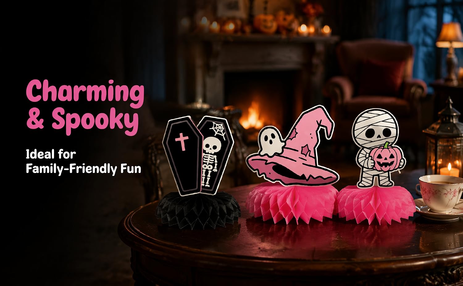 Text reads 'Charming &amp; Spooky' and 'Ideal for Family-Friendly Fun'. Black decorative container with pink pumpkin designs and skull motifs on display surface with warm lighting.