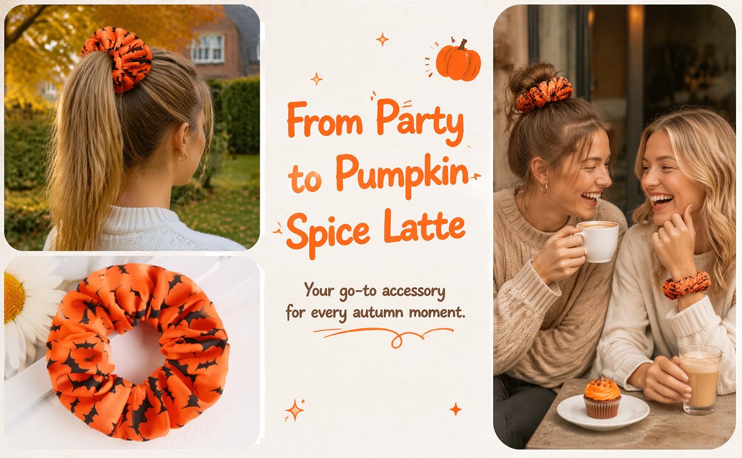 Text reads "From Party to Pumpkin Spice Latte" with subtitle "Your go-to seasoning for every autumn occasion." Collage showing autumn decorations, pumpkins, and people enjoying beverages.