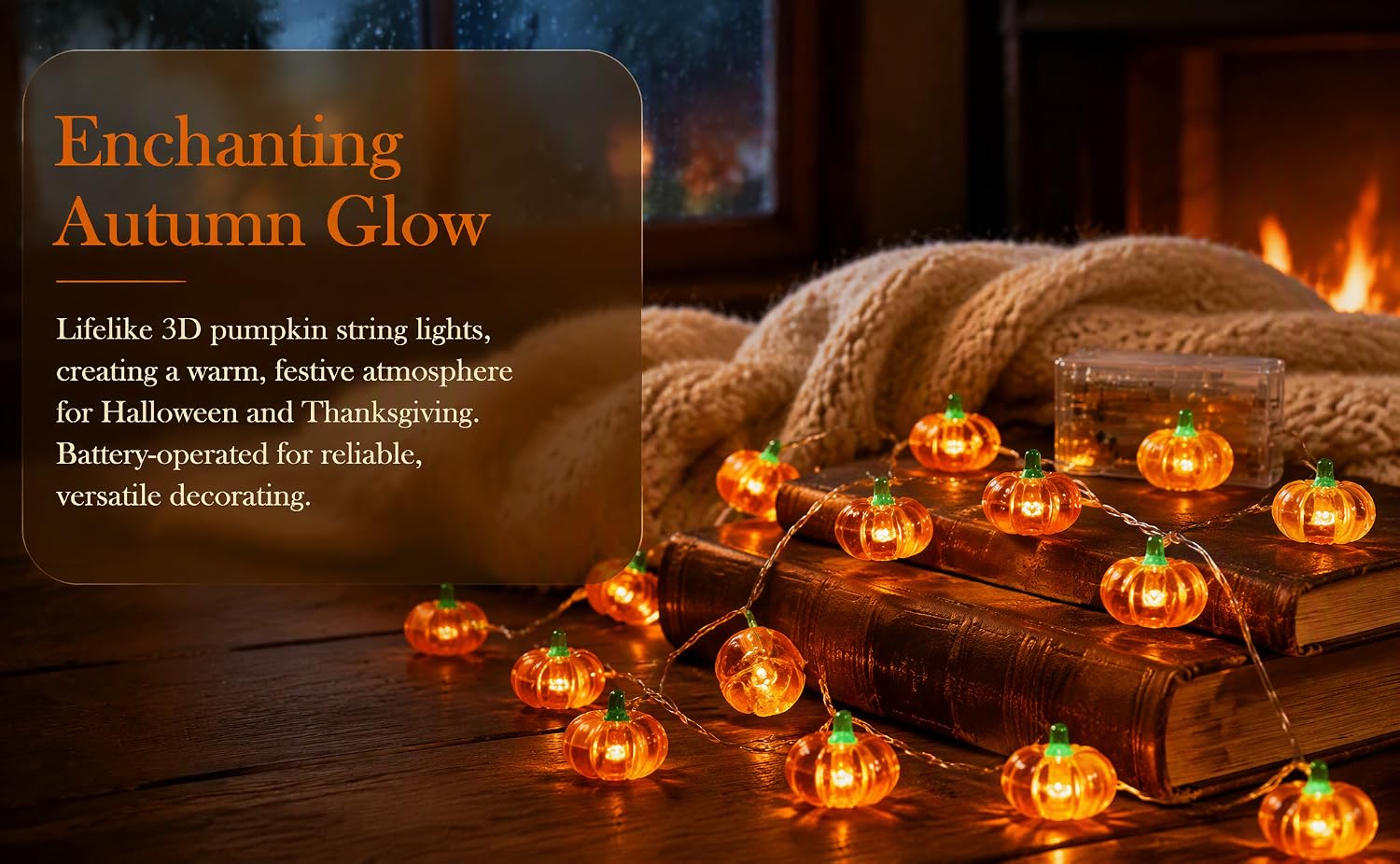 Text reads 'Enchanting Autumn Glow' with description about creating warm festive atmosphere. String of illuminated orange pumpkin-shaped lights draped on wooden furniture with candles in autumn setting.