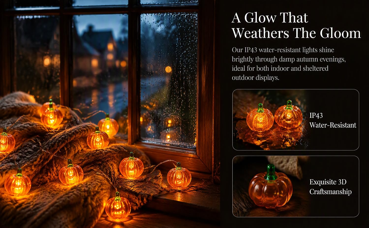 Text reads: 'A Glow That Weathers The Gloom' with product description below. Decorative string lights with warm-toned glowing orbs displayed across window views and outdoor nighttime settings, creating ambient atmospheric lighting.