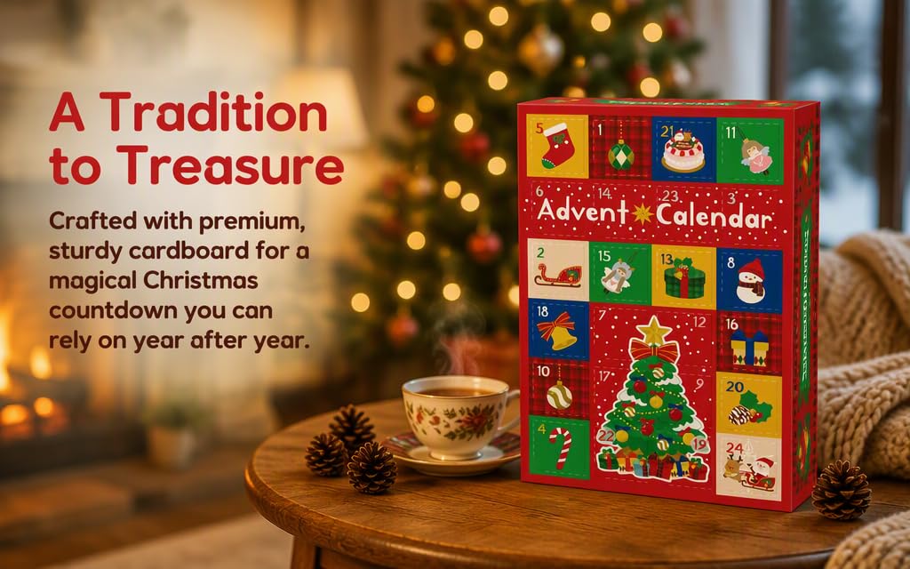Text reads 'A Tradition to Treasure' and 'Advent Calendar'. Red and blue Advent calendar box with numbered compartments displayed on wooden surface with lit golden string lights and holiday decorations.