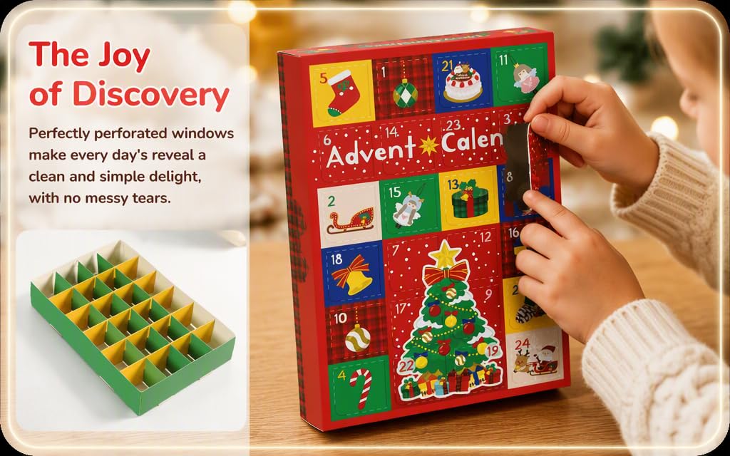 Text reads "The Joy of Discovery" and "Advent &amp; Color". Hands interacting with colorful green and red advent calendar box featuring numbered compartments and Christmas tree design.