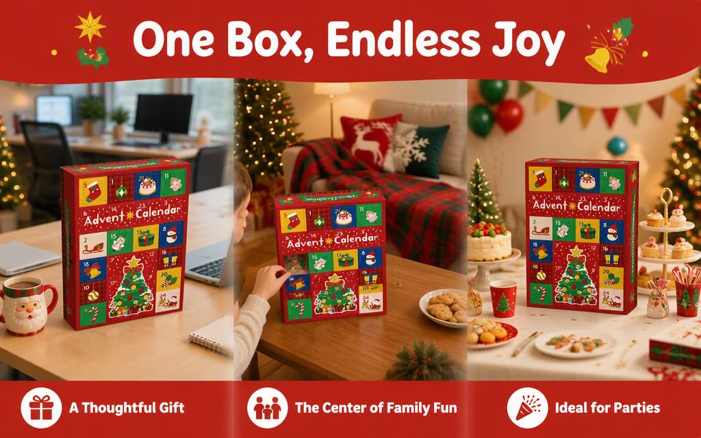 Text reads "One Box, Endless Joy" with decorative stars. Colorful cubic storage boxes with playful designs displayed with toys and holiday decorations, includes social media handles.