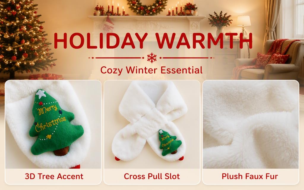 Text reads 'HOLIDAY WARMTH', 'Cozy Winter Essential', '3D Tree Accent', 'Cross Pull Slot', 'Plush Faux Fur'. Three decorative holiday items shown: green tree ornament, white cross-pull slot item, and white plush faux fur decoration.