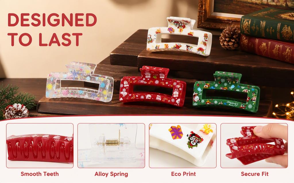 Text reads 'DESIGNED TO LAST'. Four product feature icons labeled 'Smooth Teeth', 'Alloy Spring', 'Eco Print', and 'Secure Fit'. Red and green decorative items displayed on shelf.
