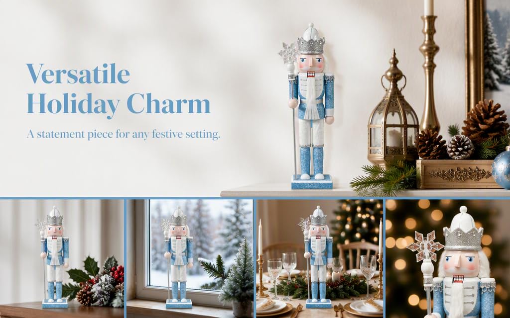 Text reads 'Versatile Holiday Charm' with subtitle 'A collection perfect for all décor, styling.' Collage of blue and white holiday decorative items including figurines, ornaments, and interior styling scenes.