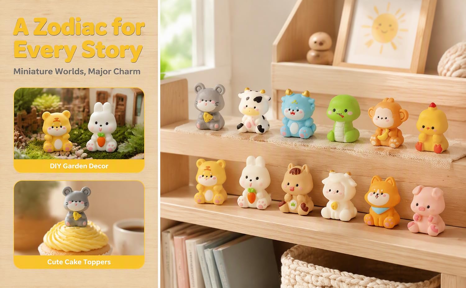 Text reads 'A Zodiac for Every Child' with subtitle about zodiac animal figurines. Book cover on left; wooden shelf on right displaying colorful ceramic animal figurines and collectibles.