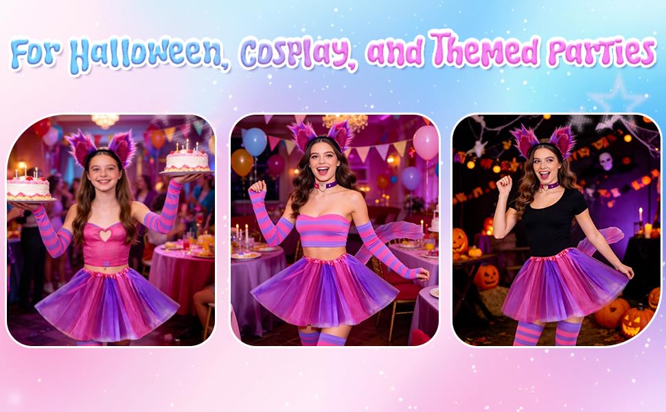 Text reads "For Halloween, Cosplay, and Themed Parties". Three identical images of a woman wearing a bright pink and purple tulle skirt with matching top, posed against a purple-lit background with similar styling and positioning.