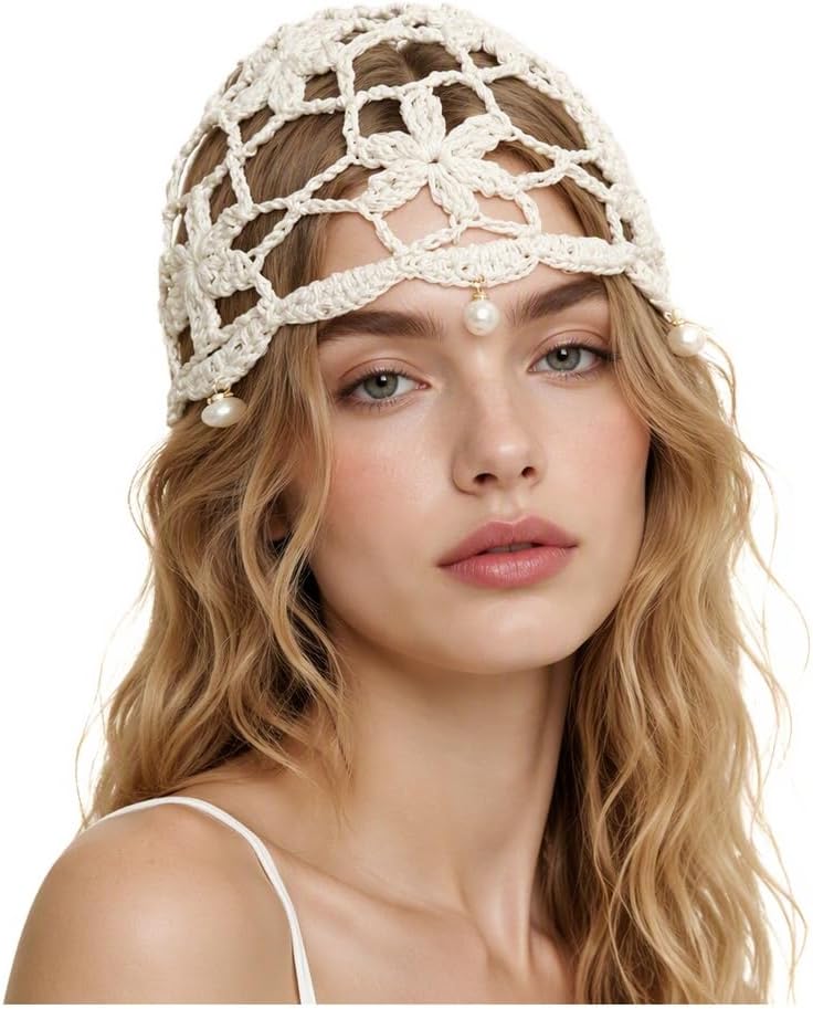 Pearl-Pendant Knitted Beanie Women Crochet Hat Handmade